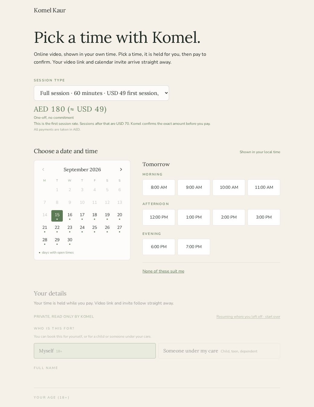 KomelKaur.com booking flow with session selection, live date calendar and available times